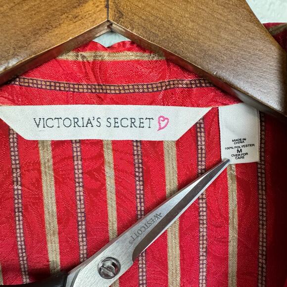 Victoria's Secret Vintage Red Gold Stripe Satin Short Sleeve Button Pajama Top - Picture 7 of 7